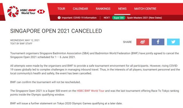 意昂体育app-新加坡公开赛取消东奥前无赛事 国羽无奈将“裸考”